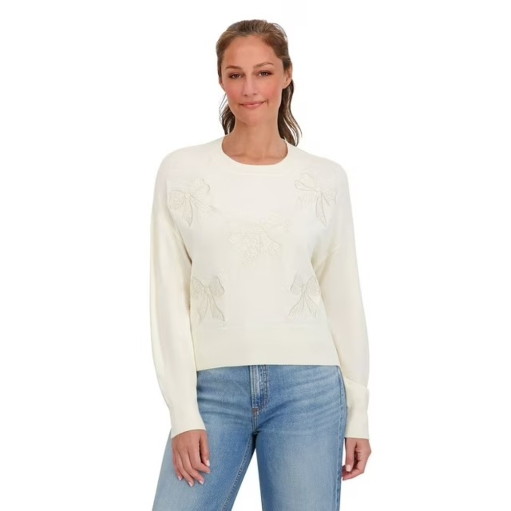 Bridgerton Women Lace Bow Applique Sweater Cream Large Netflix NWT